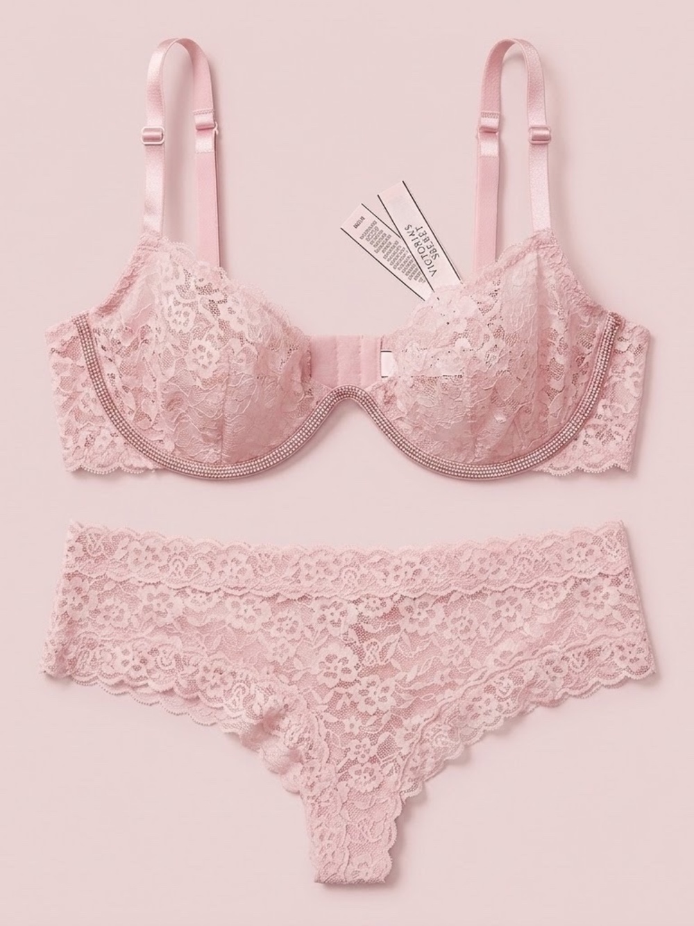 NWT Victoria's Secret Blush Pink Rhinestone Lace Underwire Bra and Panty Set